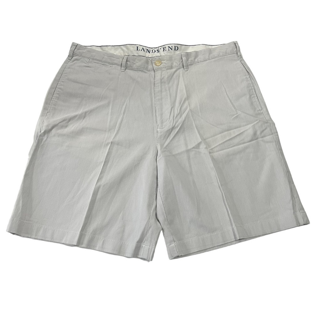 Lands End Men Grey 2-Tone Striped Flat Front Chino Shorts Sz 38 100% Cotton